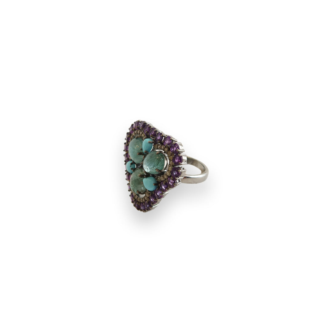 Amethyst + Emerald + Turquoise Diamond Ring