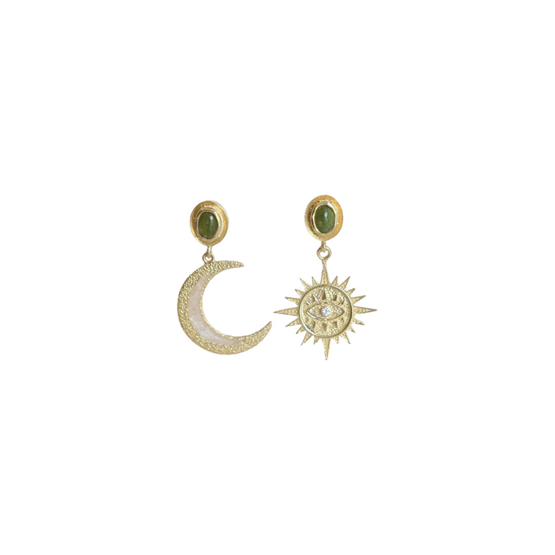 Sun And Moon + Green Tourmaline Earrings