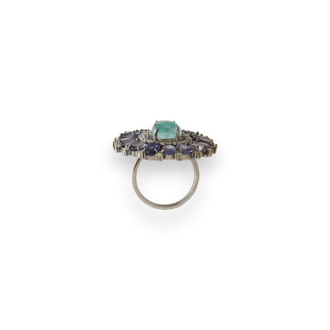 Emerald + Tanzanite Diamond Ring