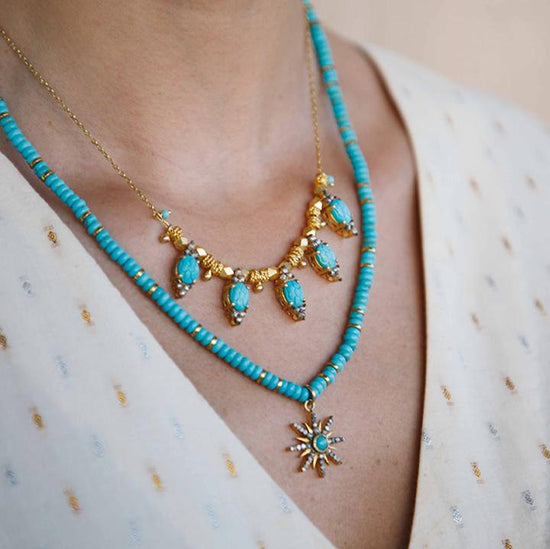 Turquoise Pave Diamond Sun Necklace