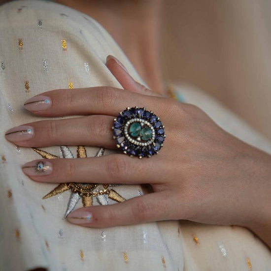 Tanzanite & Light Green Emerald Pavé Diamond Ring