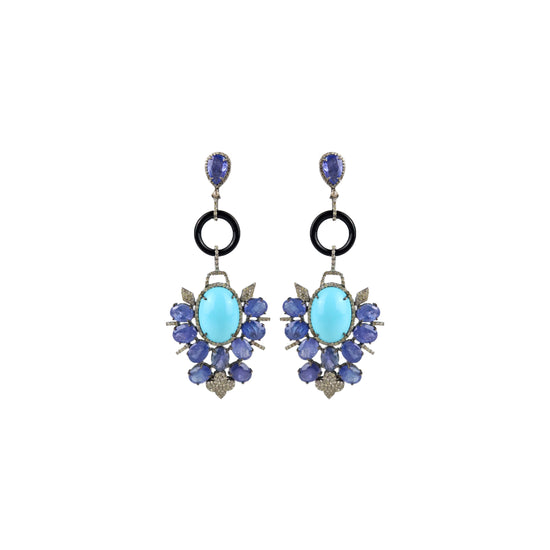 Turquoise + Tanzanite + Pavé Diamond + Onyx Earrings